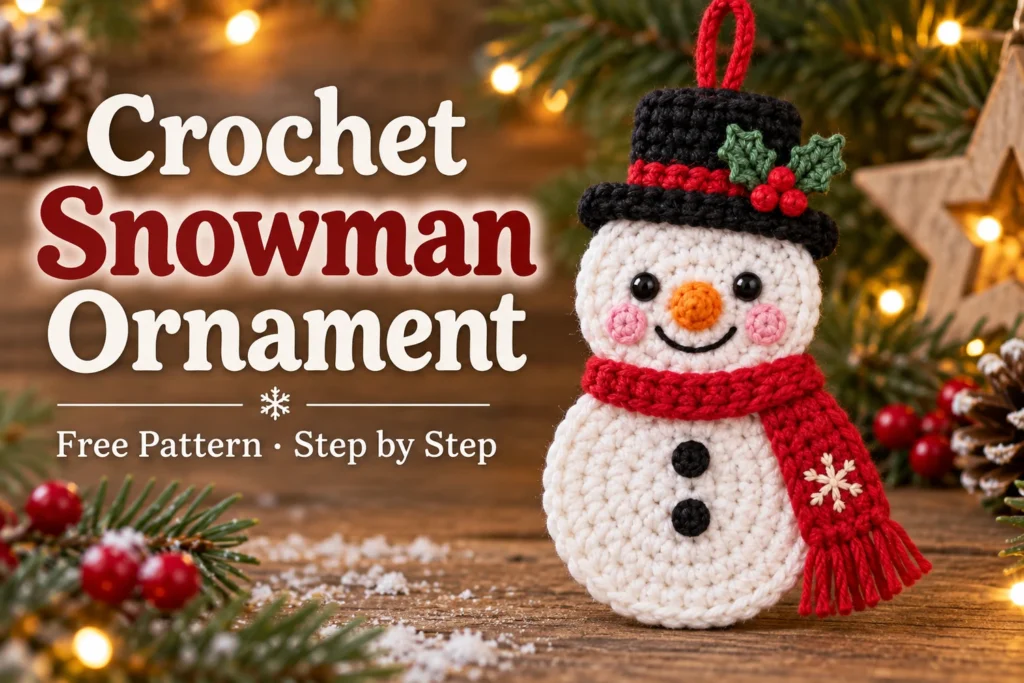 Holly Hat Snowman Ornament Crochet Pattern — flat white snowman with black holly hat and red scarf