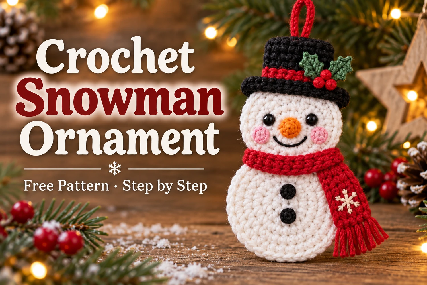 Holly Hat Snowman Ornament Crochet Pattern — flat white snowman with black holly hat and red scarf