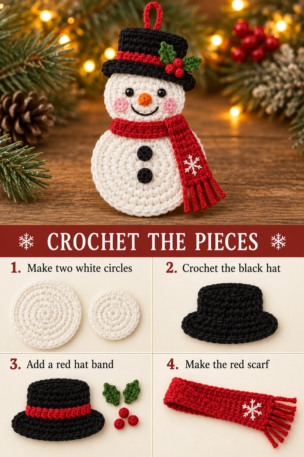 Holly Hat Snowman Ornament Crochet Pattern — step-by-step photo tutorial 01
