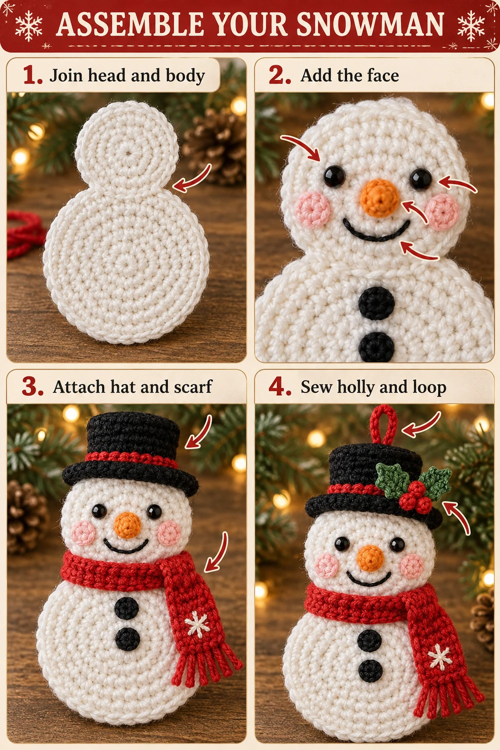 Holly Hat Snowman Ornament Crochet Pattern — step-by-step photo tutorial 02