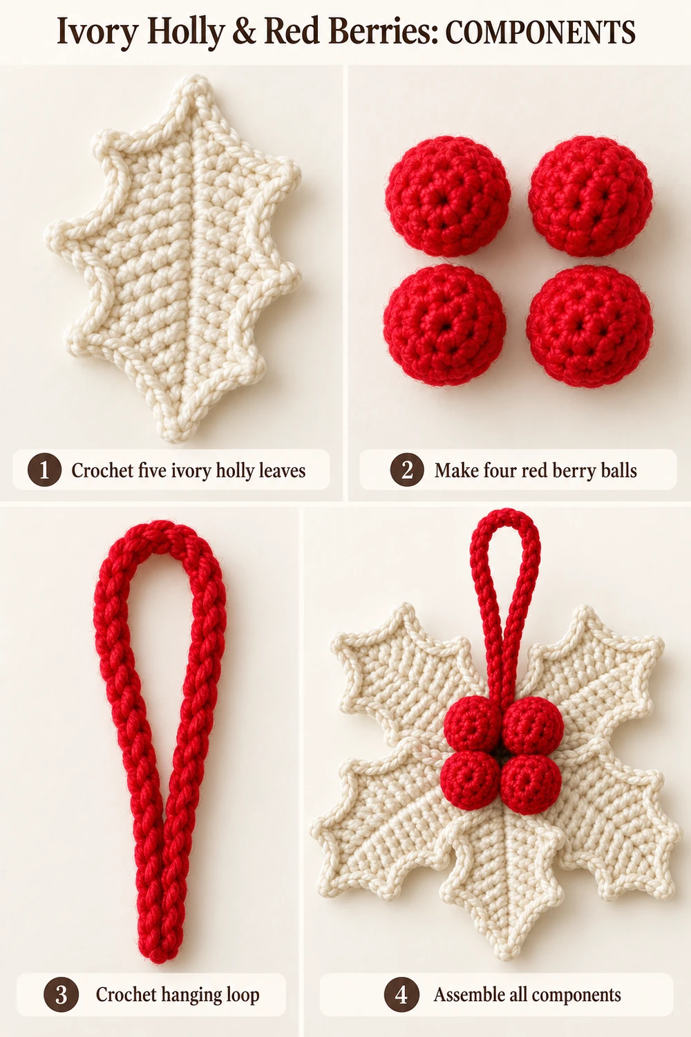 Ivory Holly Berry Ornament Crochet Pattern — step-by-step photo tutorial 01
