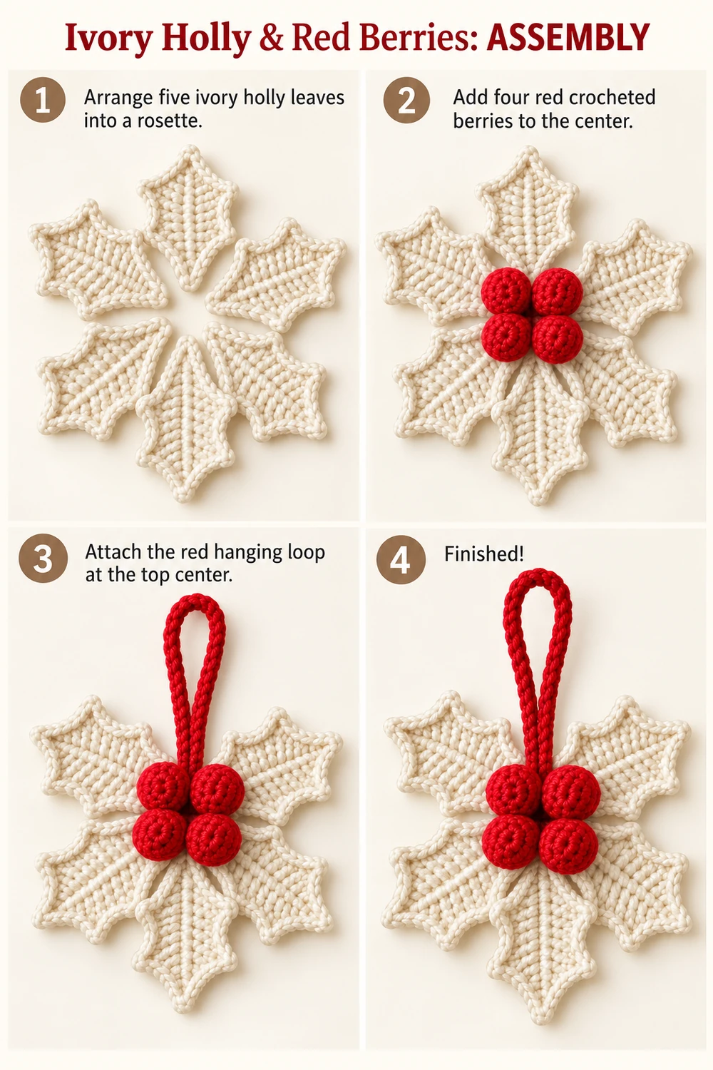 Ivory Holly Berry Ornament Crochet Pattern — step-by-step photo tutorial 02