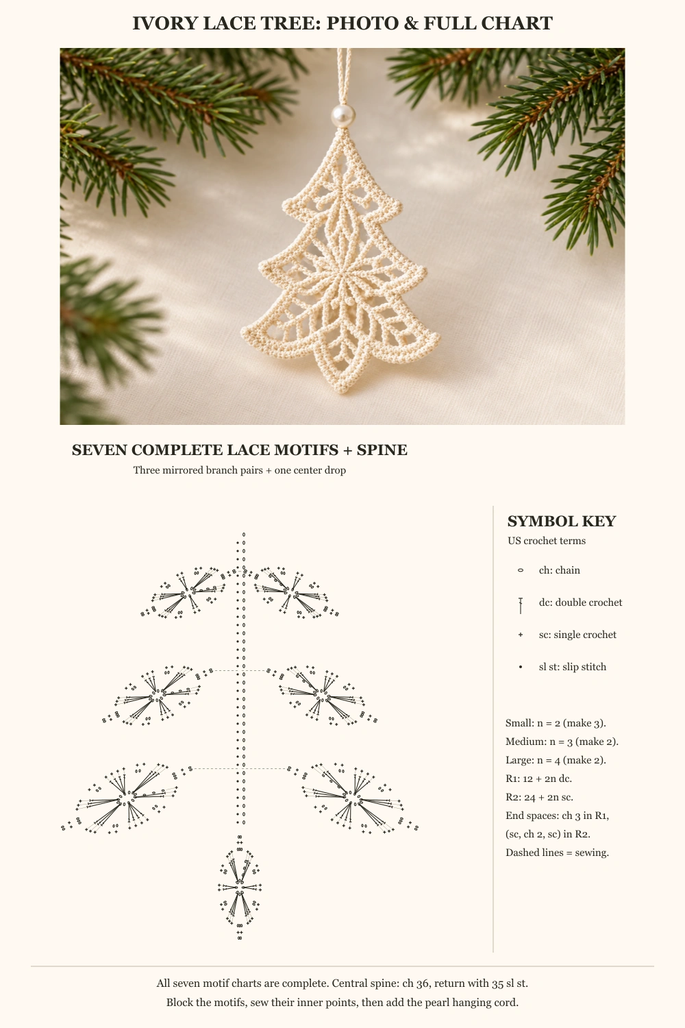 Ivory Lace Christmas Tree Crochet Pattern — finished piece and complete stitch symbol chart with English legend