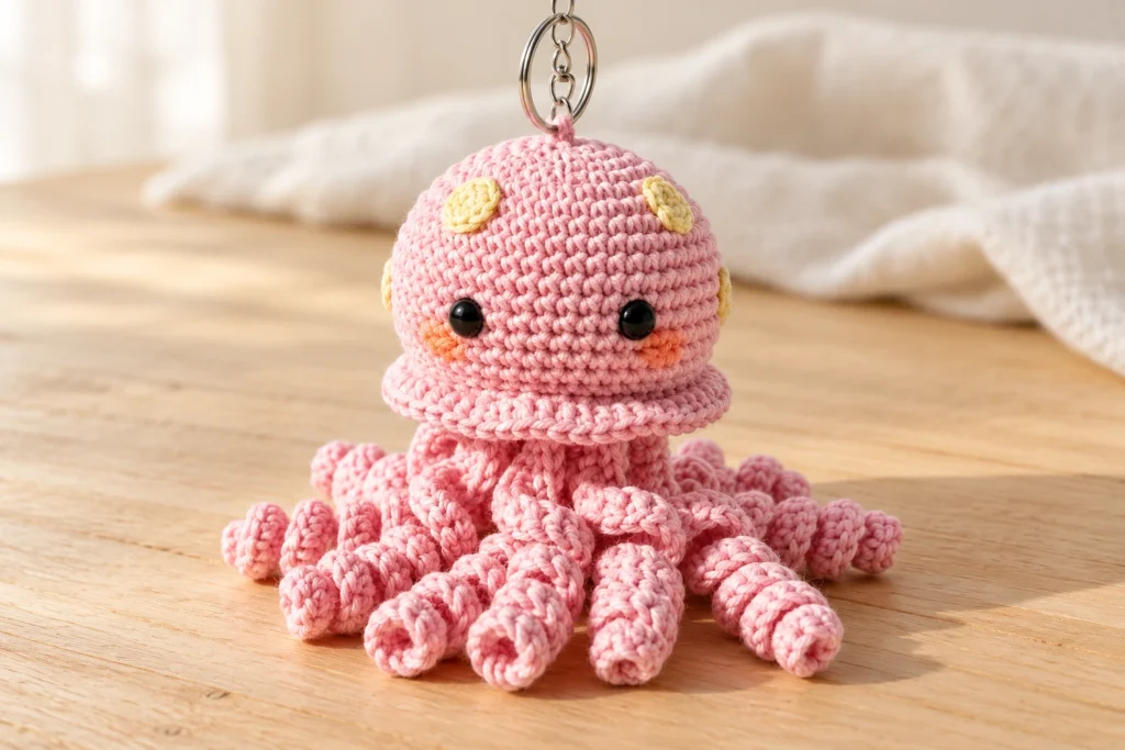 Jellyfish amigurumi crochet pattern with a pink bell, yellow spots and curly tentacles