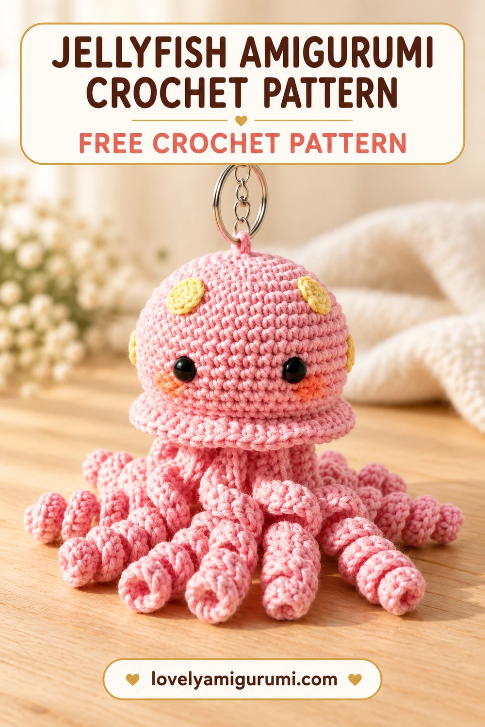 Jellyfish amigurumi crochet pattern with a pink bell, yellow spots and curly tentacles Pinterest pin 1