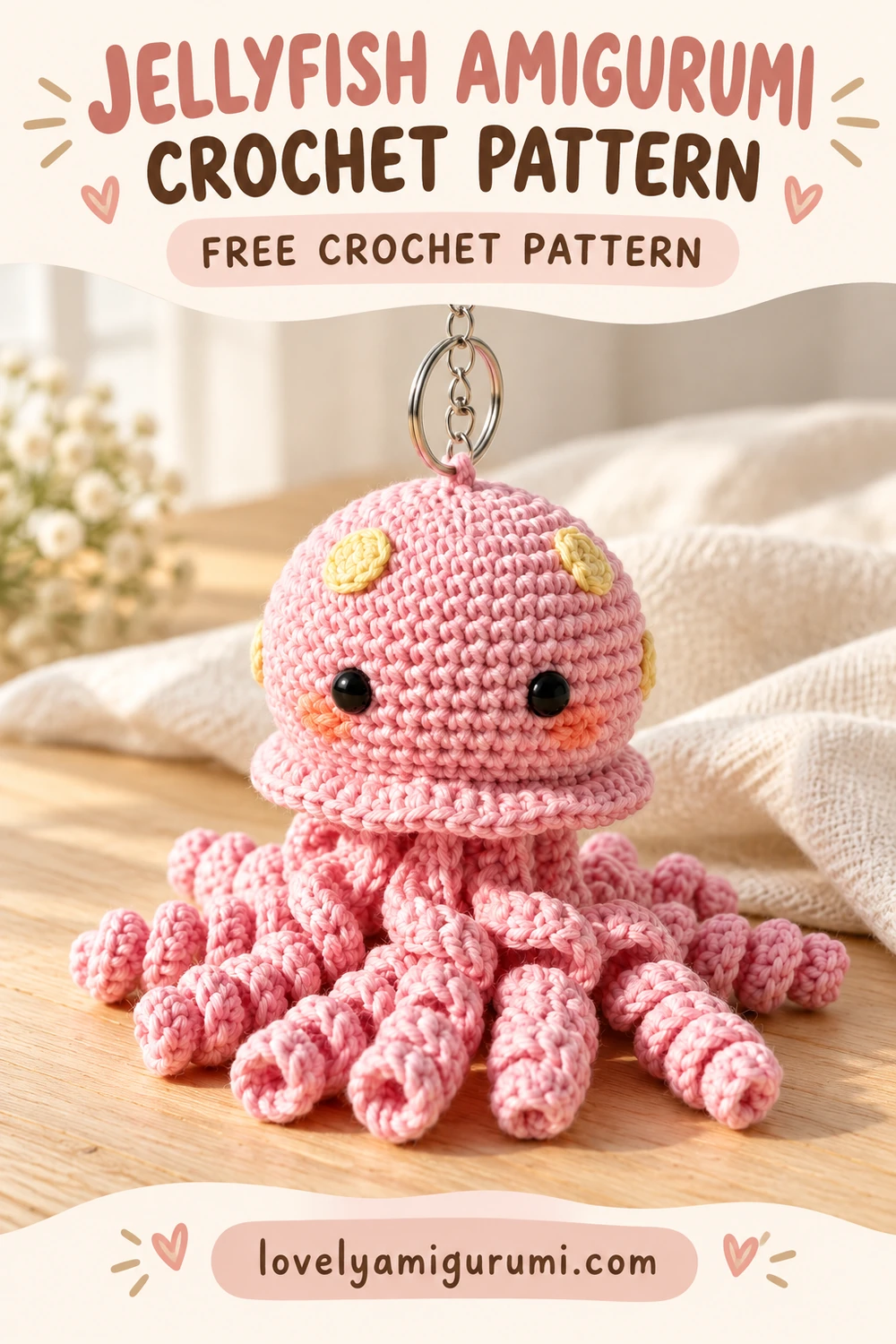 Jellyfish amigurumi crochet pattern with a pink bell, yellow spots and curly tentacles Pinterest pin 2