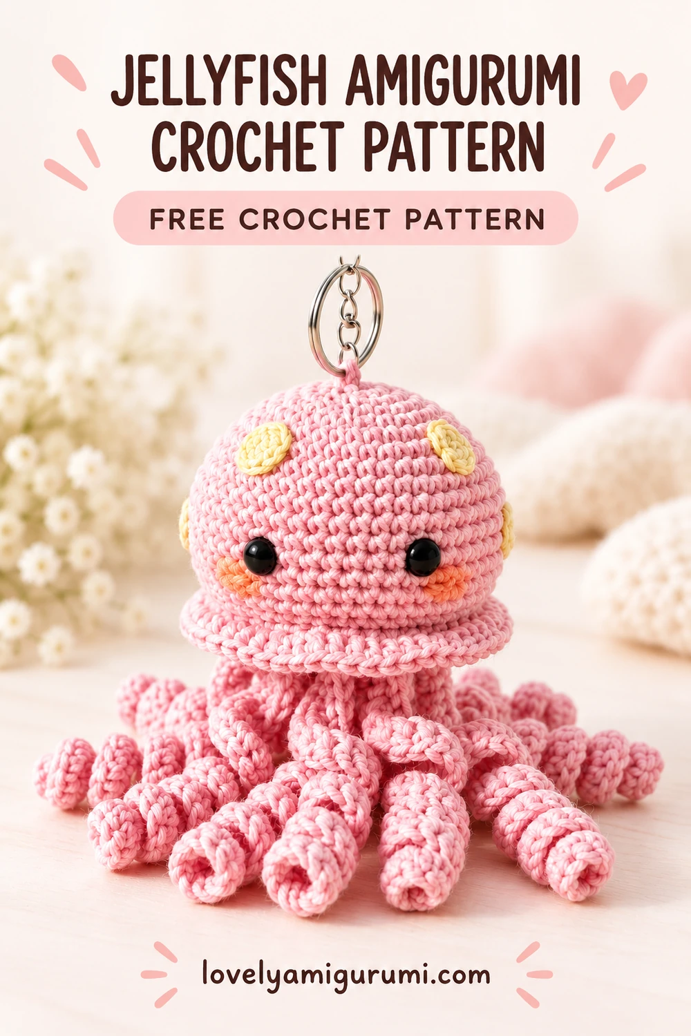 Jellyfish amigurumi crochet pattern with a pink bell, yellow spots and curly tentacles Pinterest pin 3