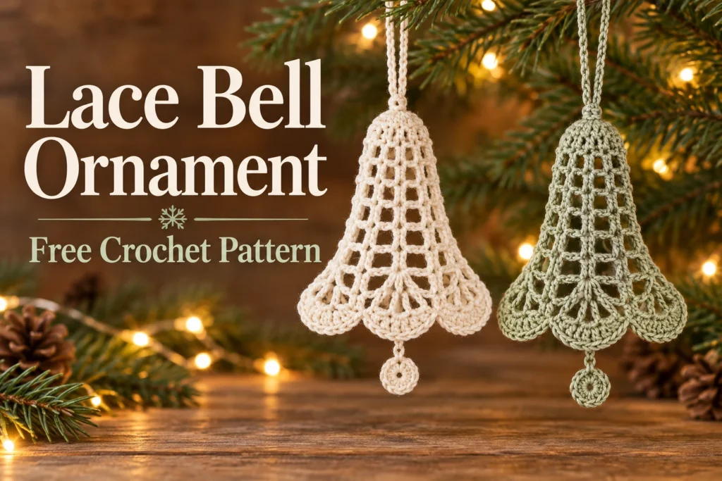 Lace Bell Ornament Crochet Pattern — flat ivory and sage lace bells with scalloped edges