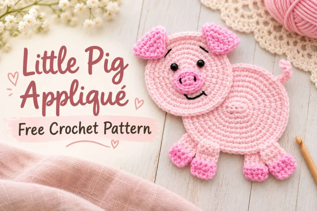 Little Pig Appliqué Crochet Pattern cover with flat pink pig