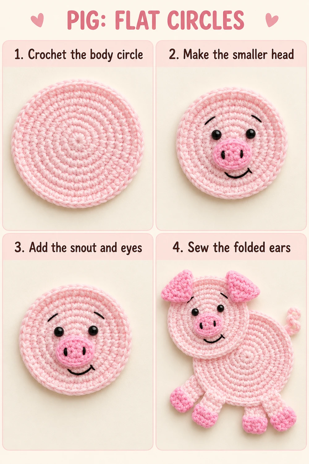Photo tutorial for the flat pig body circle, head, snout, and folded ears