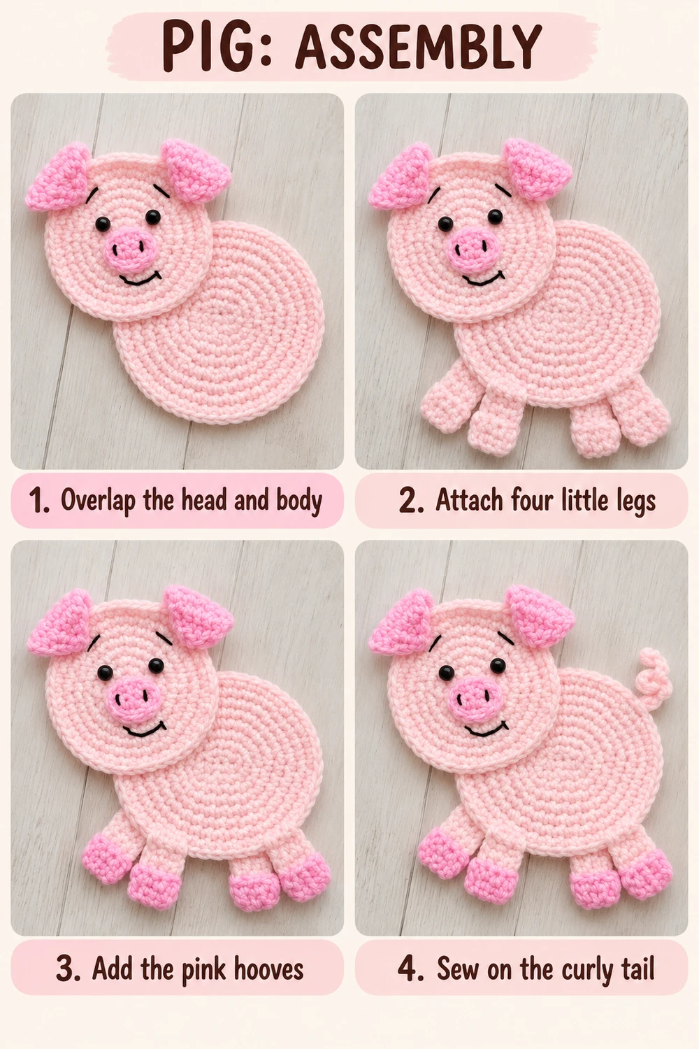 Photo tutorial for joining the pig head, four legs, pink hooves, and curly tail
