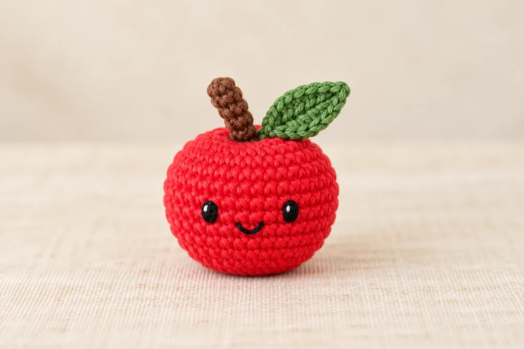 mini apple amigurumi crochet pattern with red apple, brown stem and green leaf