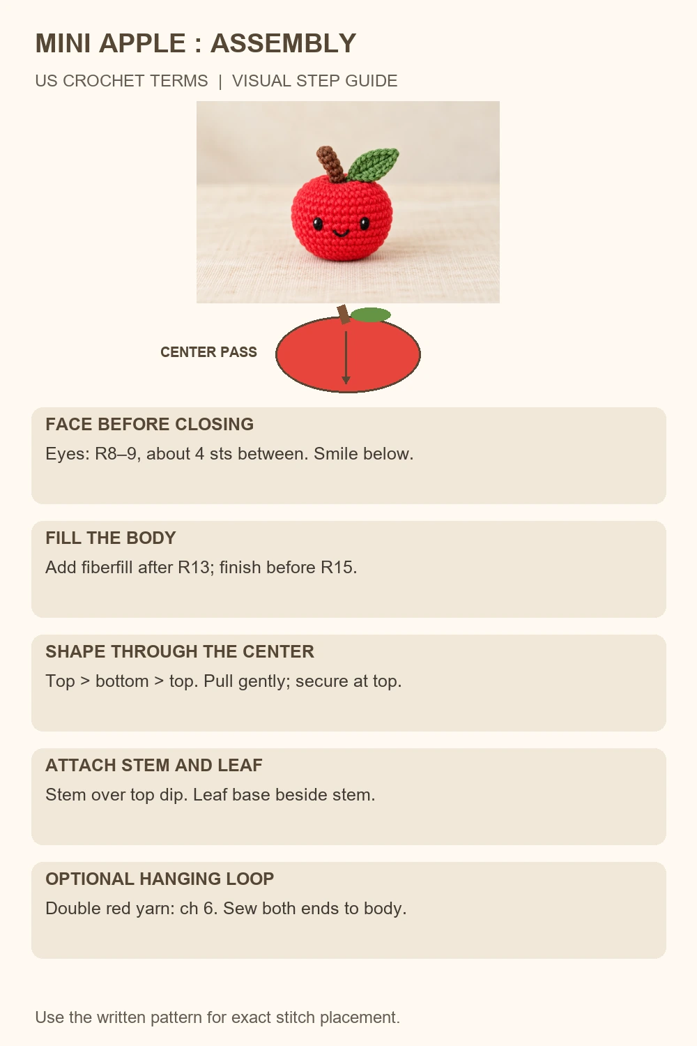 mini apple amigurumi crochet pattern assembly and finishing diagram