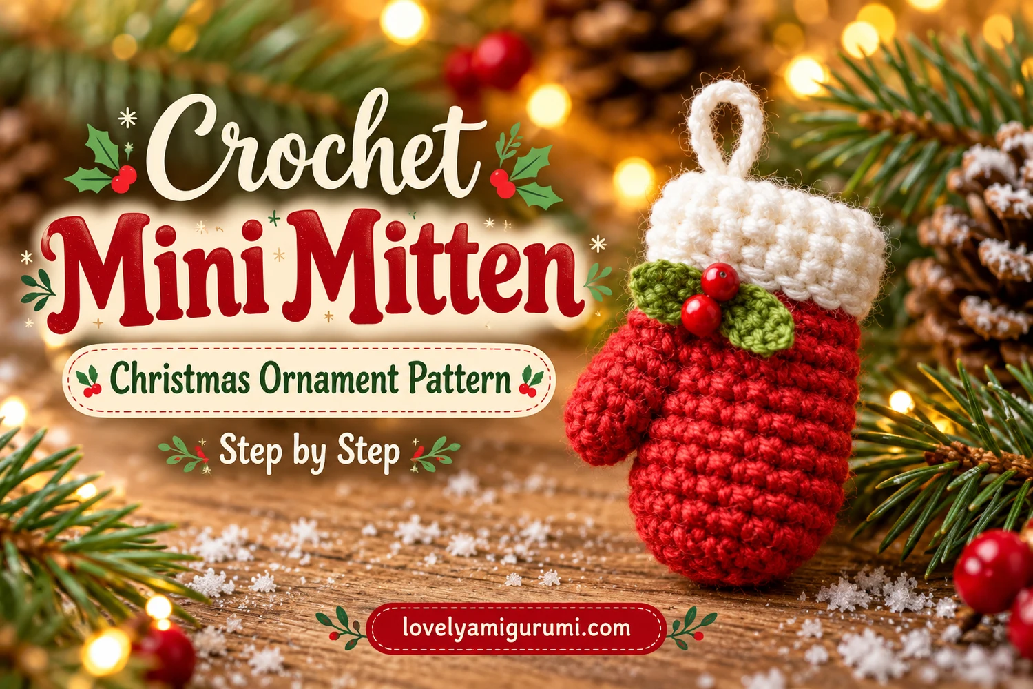 Mini Christmas Mitten Crochet Pattern with red body, white cuff, two green leaves and red berries