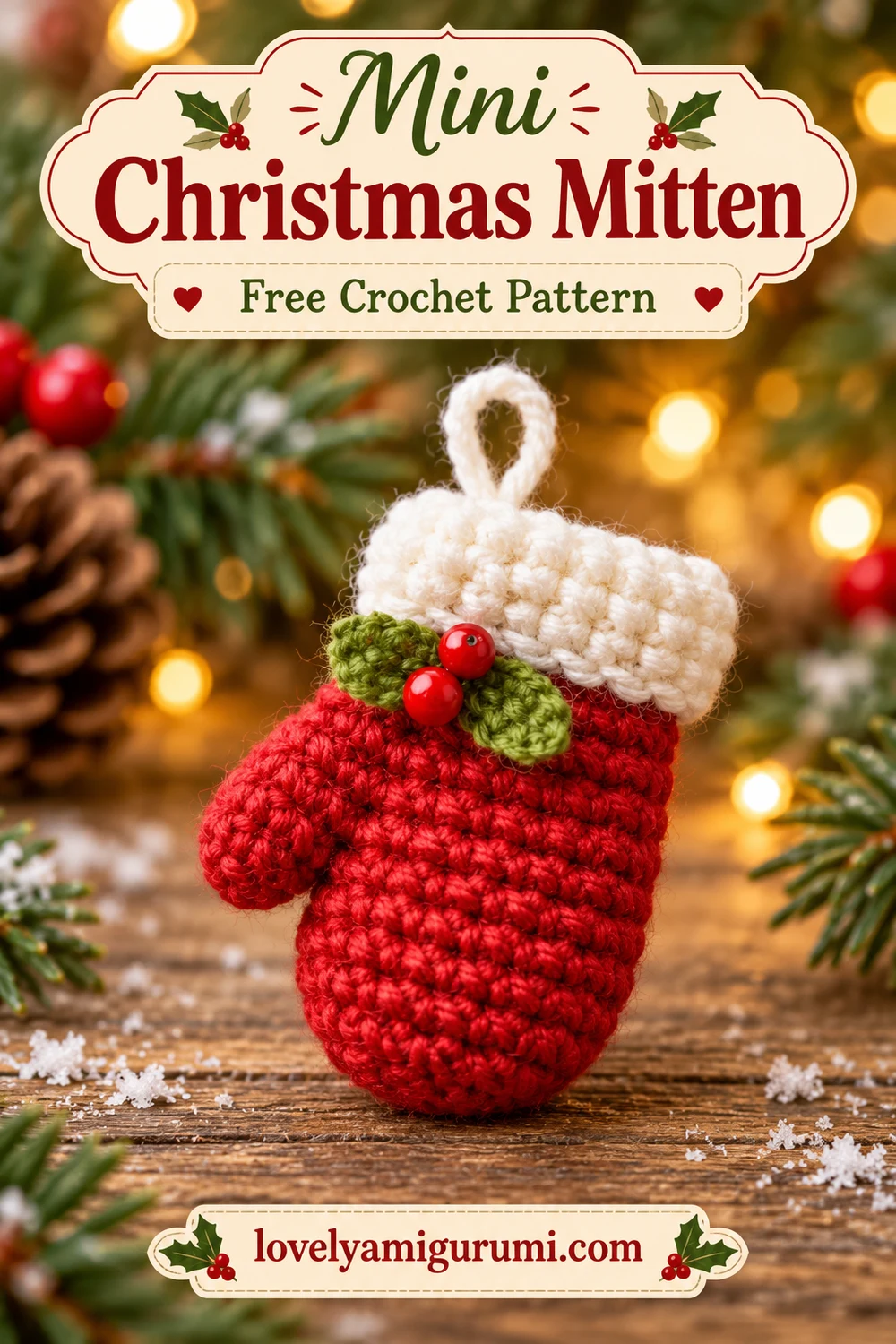 Red mini Christmas mitten ornament with white cuff and holly-style decoration, free crochet pattern