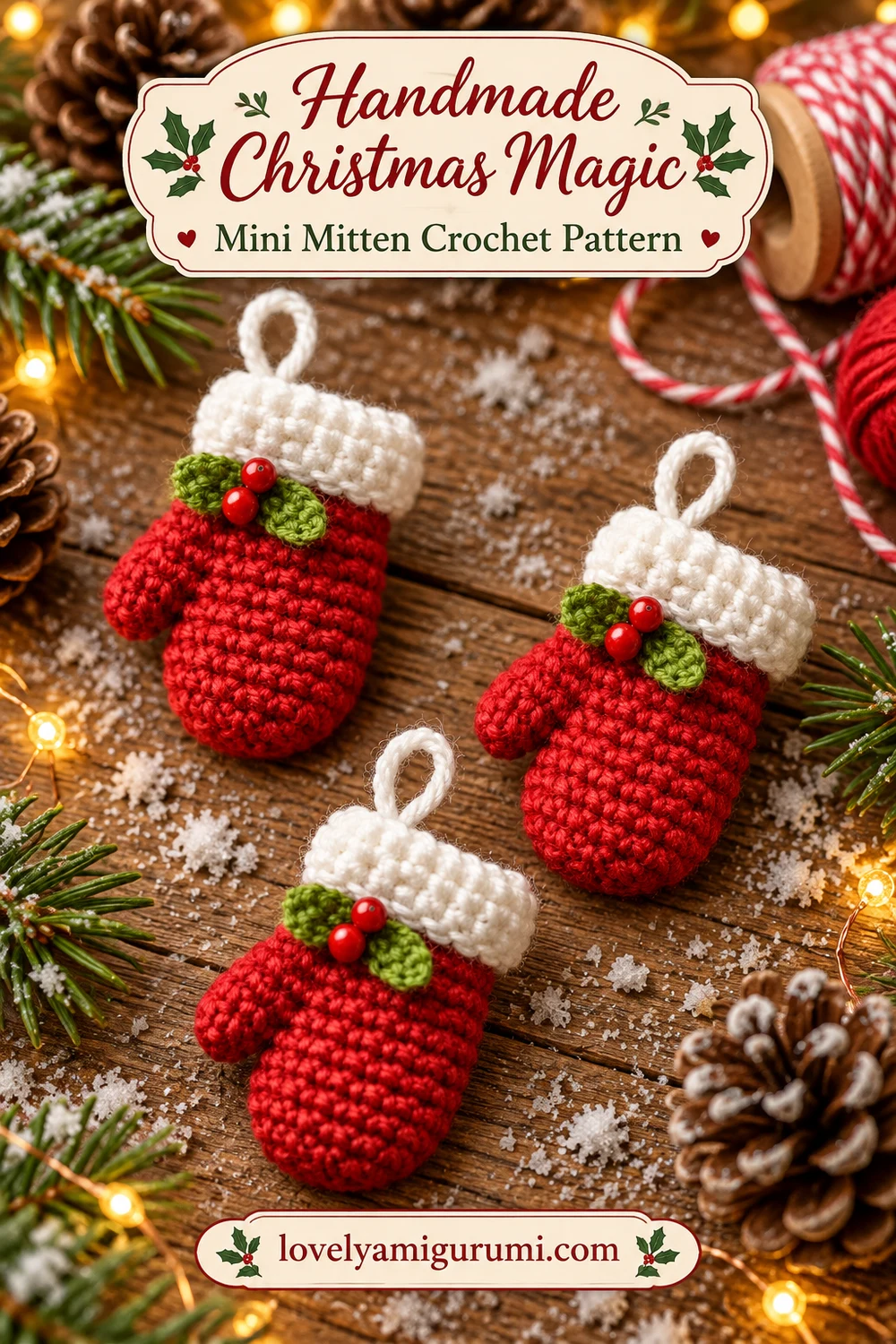 Three red mini mitten crochet ornaments with white cuffs, green leaves and two red berries