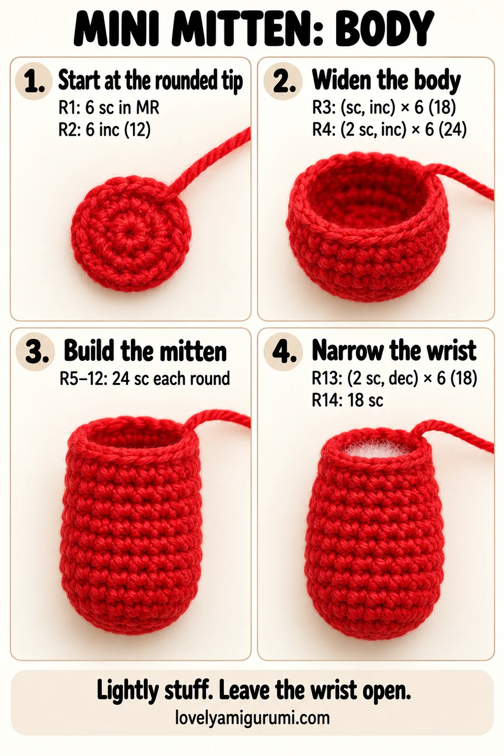 Mini mitten crochet tutorial showing red body rounds and wrist shaping