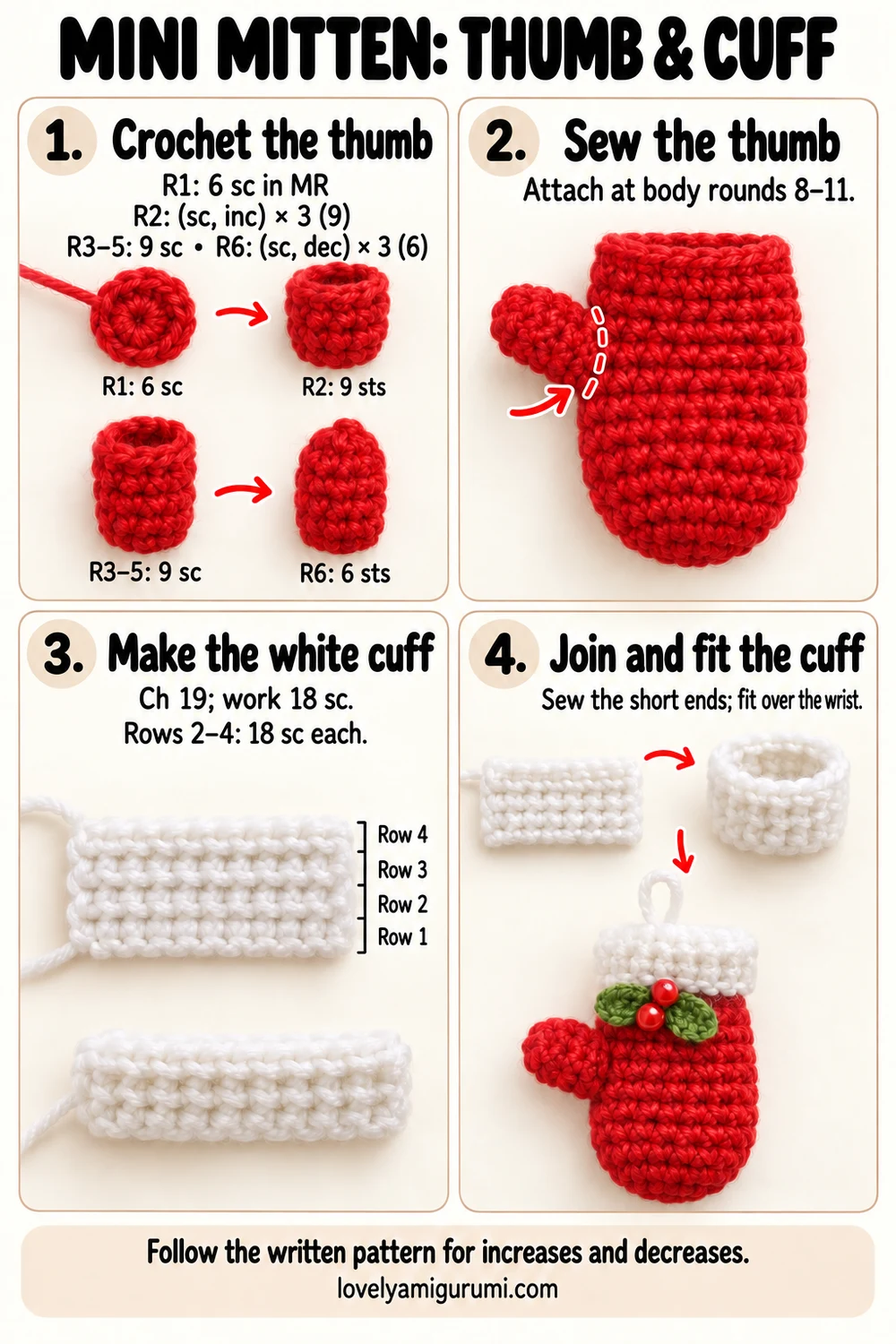 Mini mitten crochet tutorial showing thumb increases, sewing and white cuff rows