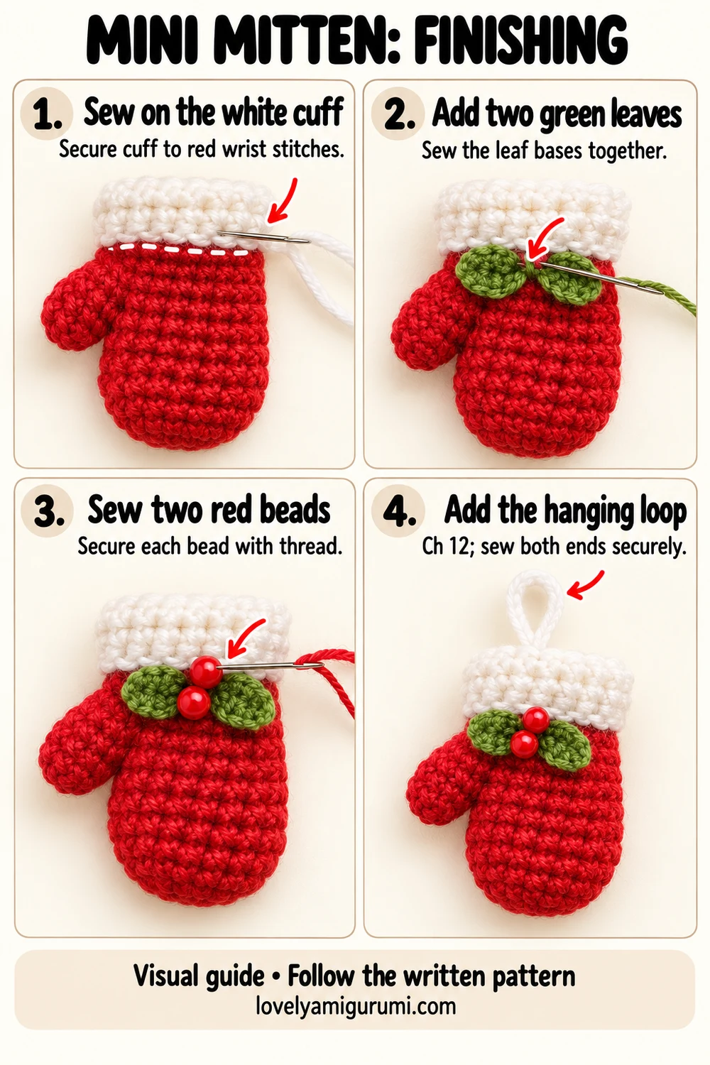 Mini mitten finishing tutorial showing cuff, leaves, two red berries and white hanging loop