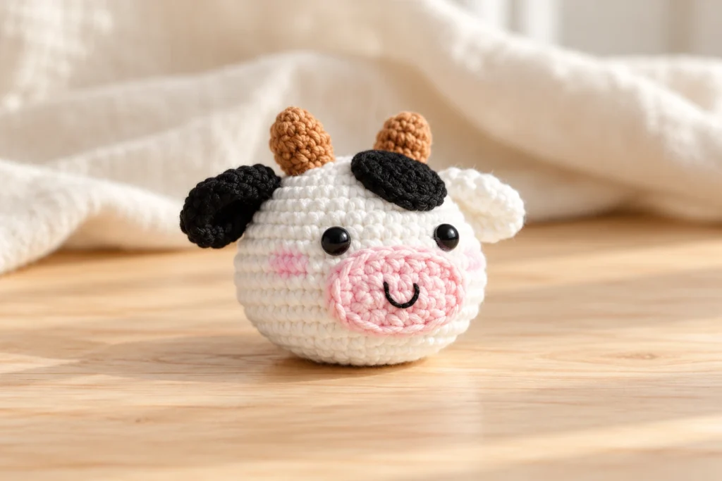 mini cow crochet pattern with handmade crochet details