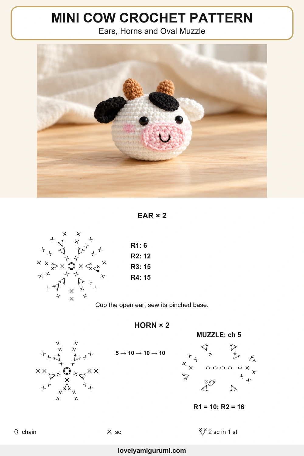 mini cow crochet pattern – Ears, Horns and Oval Muzzle symbol chart