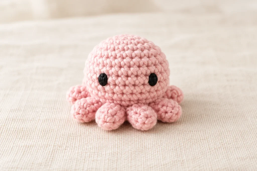 mini octopus crochet pattern with pink body and eight short curly arms