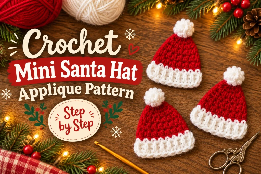 Mini Santa Hat Applique Crochet Pattern with red panels, white ribbed brims, and pom-poms