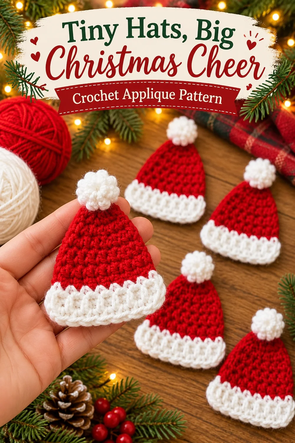 Small red and white crochet Santa hat applique held in a hand