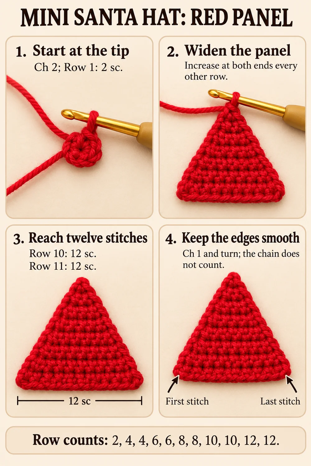 Mini Santa hat crochet photo tutorial showing the red panel rows
