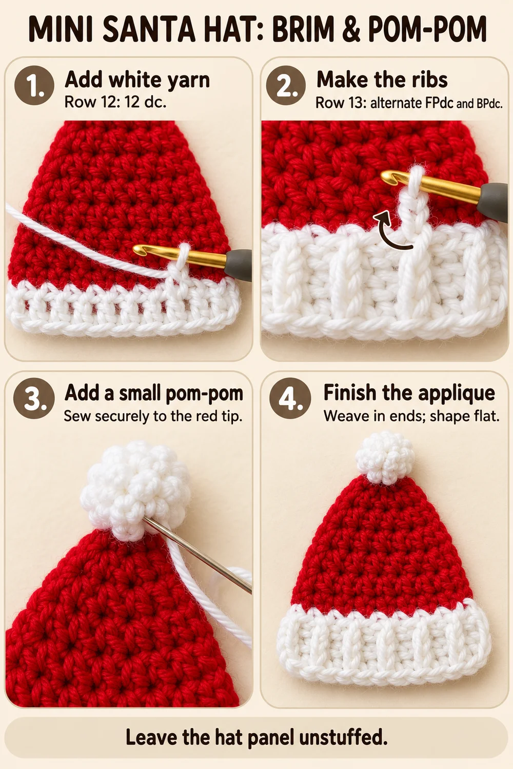 Mini Santa hat crochet photo tutorial showing ribbed brim and pom-pom attachment