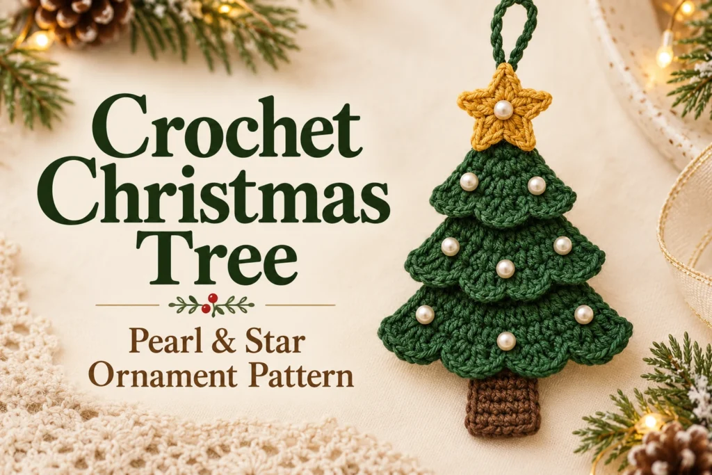 Pearl and Star Christmas Tree Crochet Pattern — green scalloped tree with gold star and ivory pearls