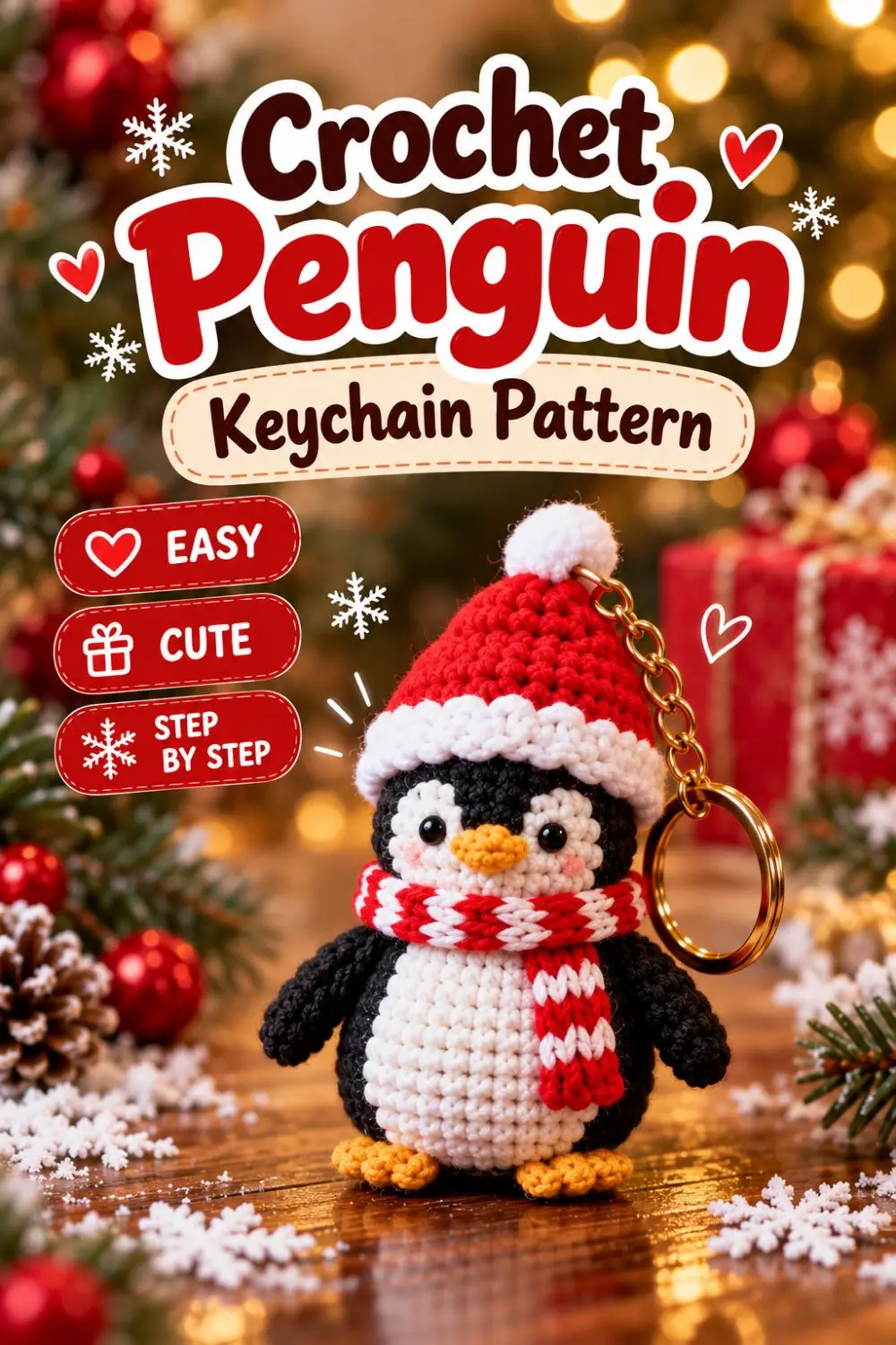 Christmas crochet penguin keychain gift with red and white scarf