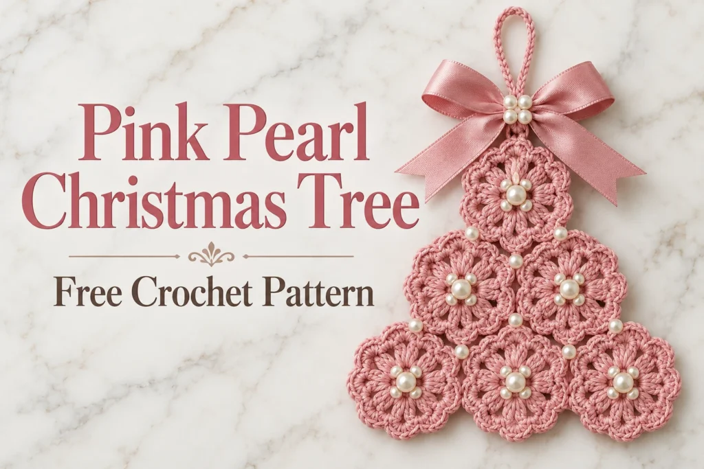 Pink Pearl Christmas Tree Crochet Pattern — dusty pink shell tree with satin bow and ivory pearls