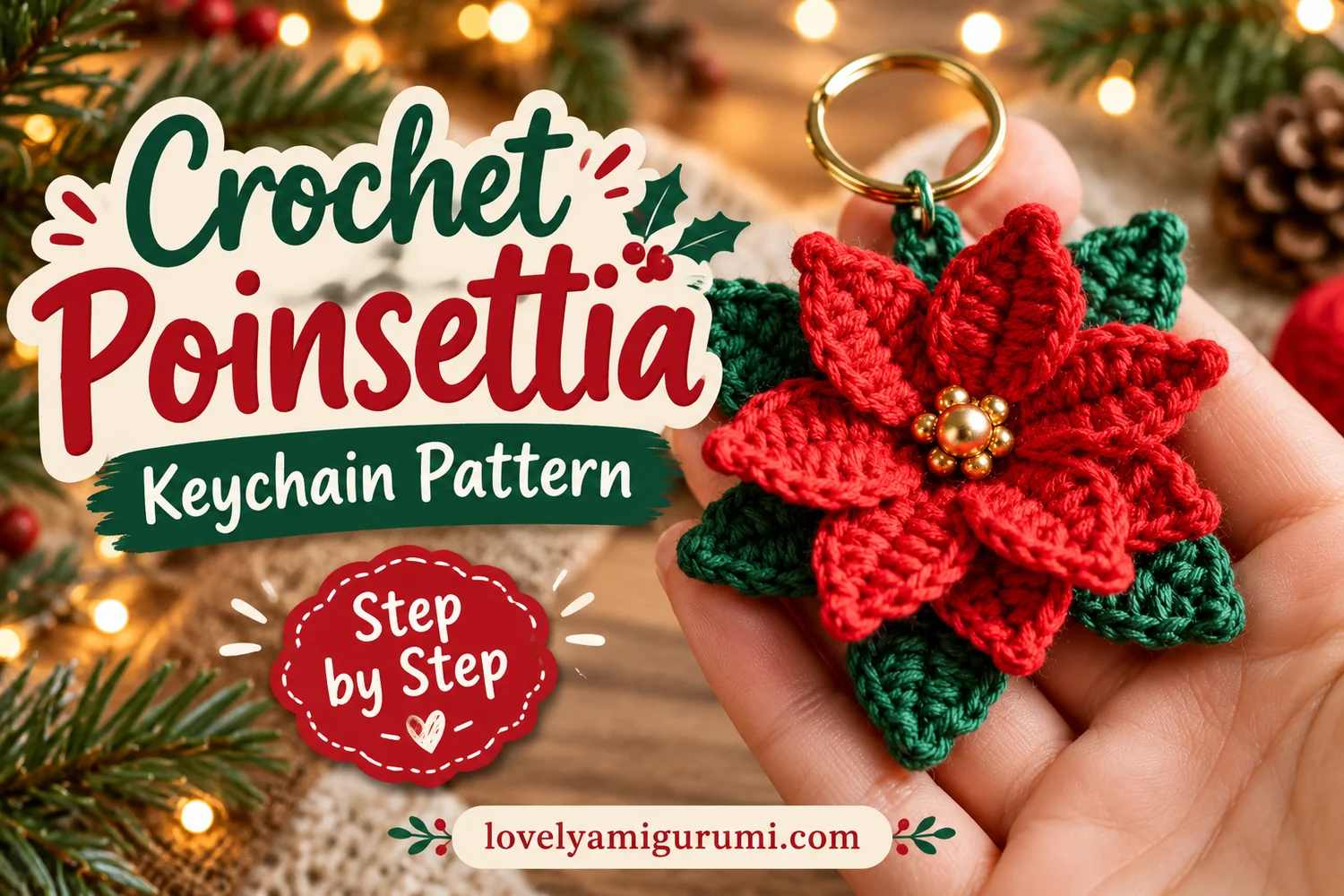 Poinsettia Keychain Crochet Pattern with layered red petals, green leaves, and a gold bead center
