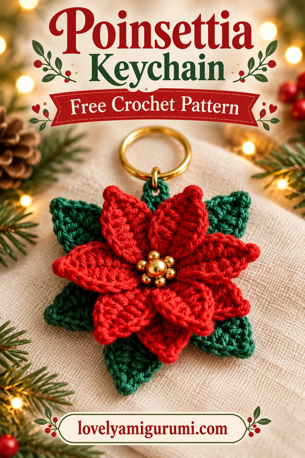 Poinsettia Keychain Crochet Pattern Pinterest image