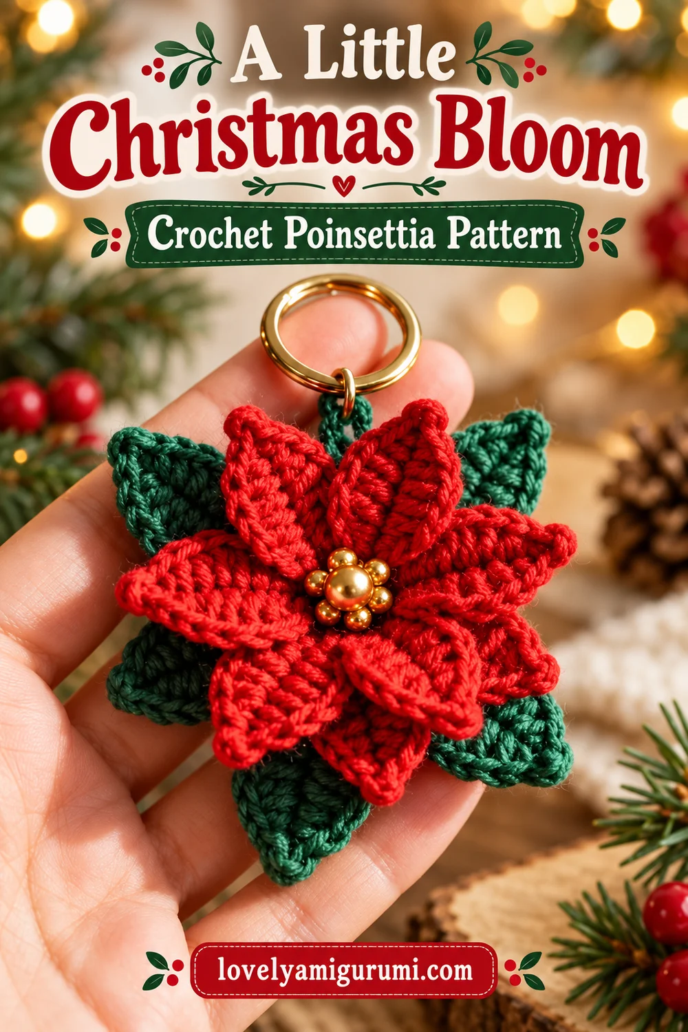 Red crochet poinsettia keychain with gold ring held in a hand