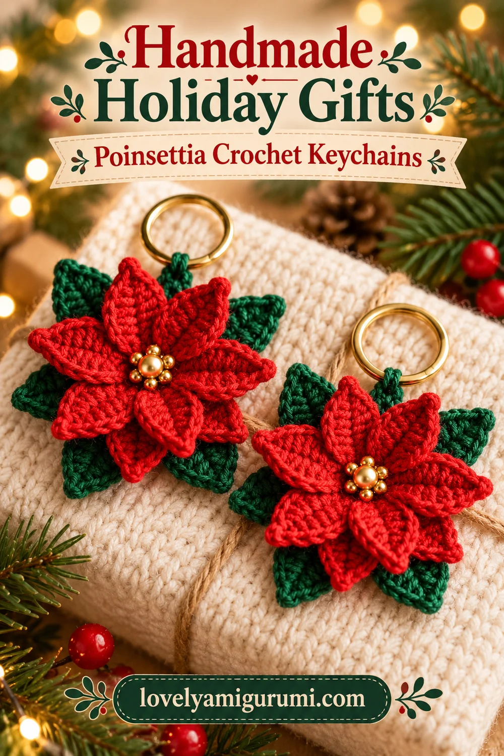 Two handmade poinsettia crochet keychains with red petals and green leaves