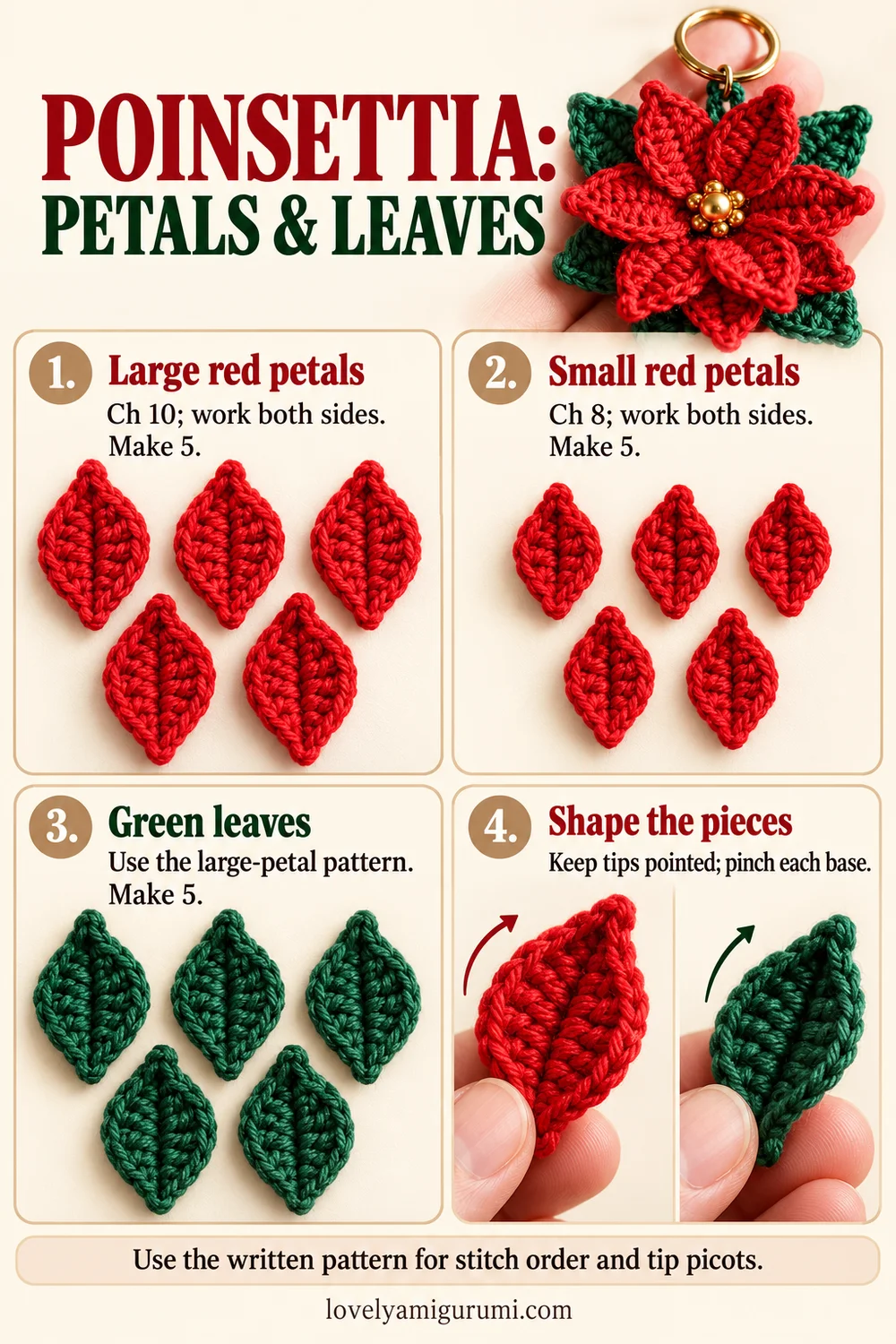 Poinsettia crochet tutorial showing five large petals, five small petals, and five green leaves