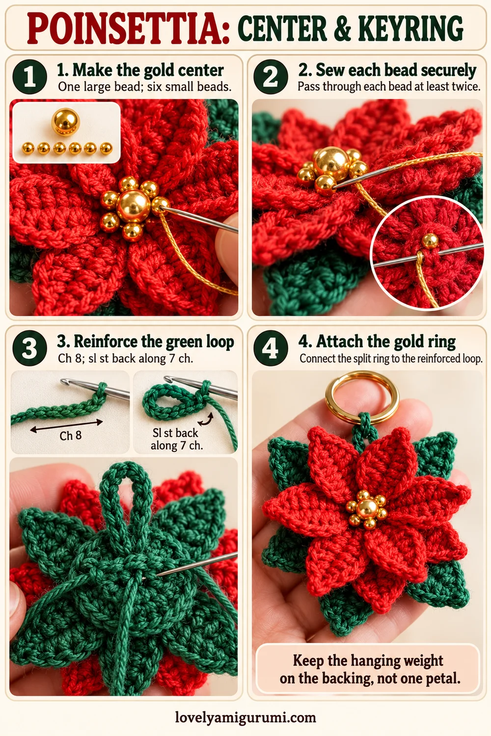 Poinsettia crochet tutorial showing gold beads and reinforced keyring attachment