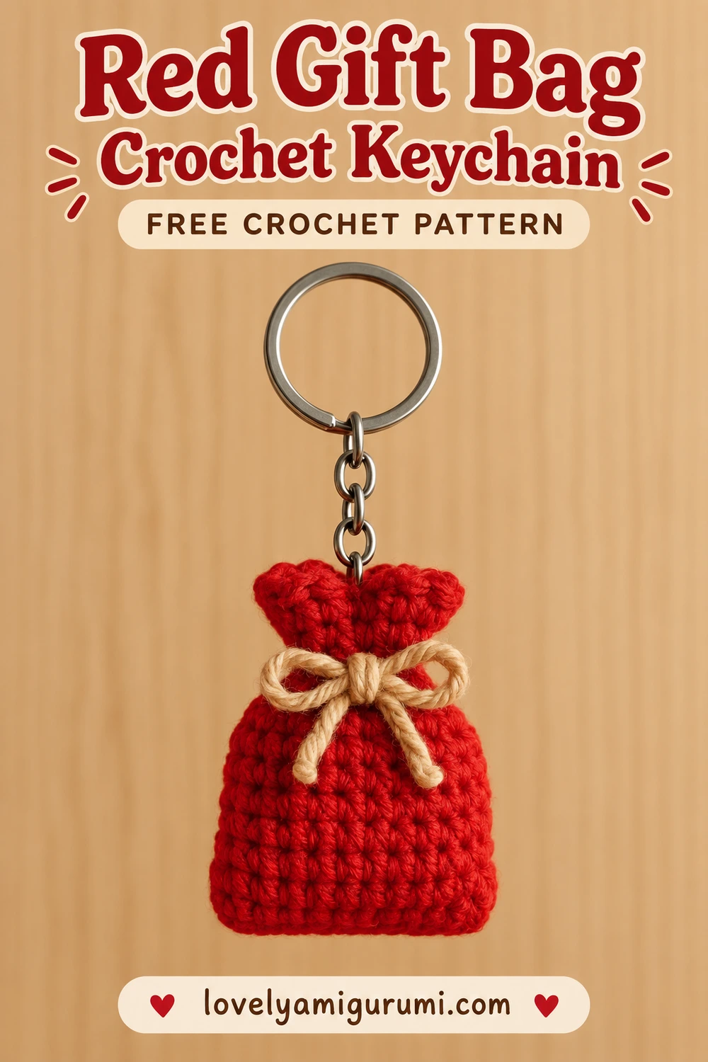 Red gift bag crochet keychain with beige bow and silver ring, Pinterest inspiration 1