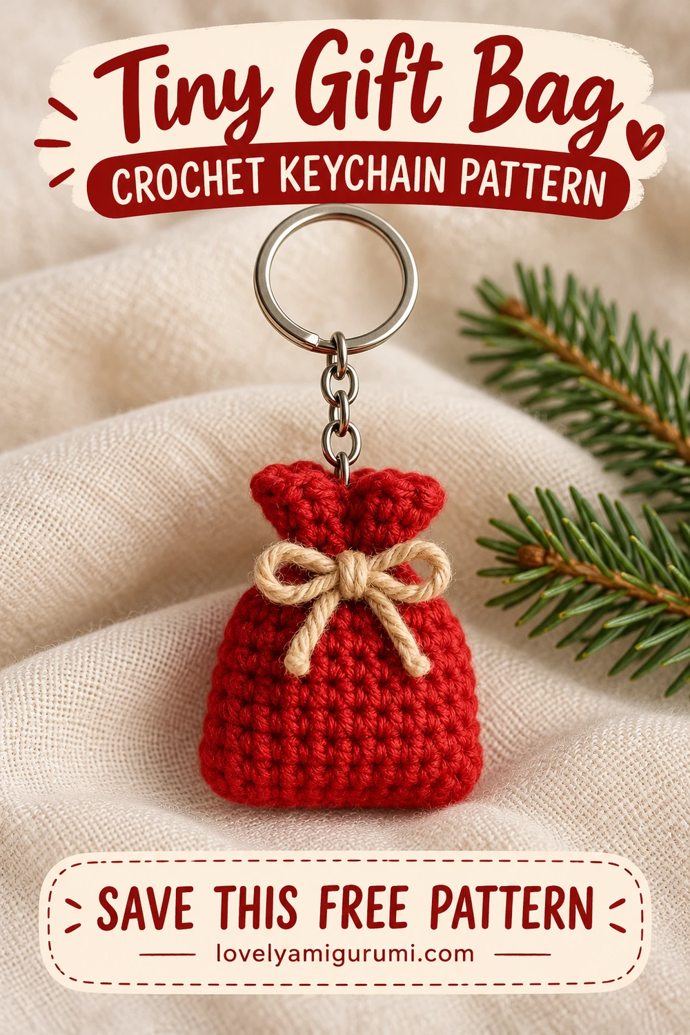 Red gift bag crochet keychain with beige bow and silver ring, Pinterest inspiration 2
