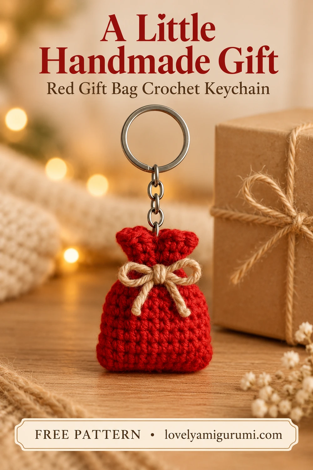 Red gift bag crochet keychain with beige bow and silver ring, Pinterest inspiration 3