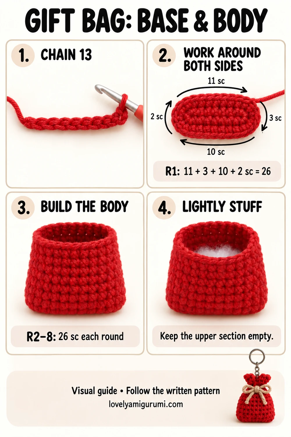 Red gift bag crochet photo tutorial showing the foundation chain, oval base, body and light stuffing