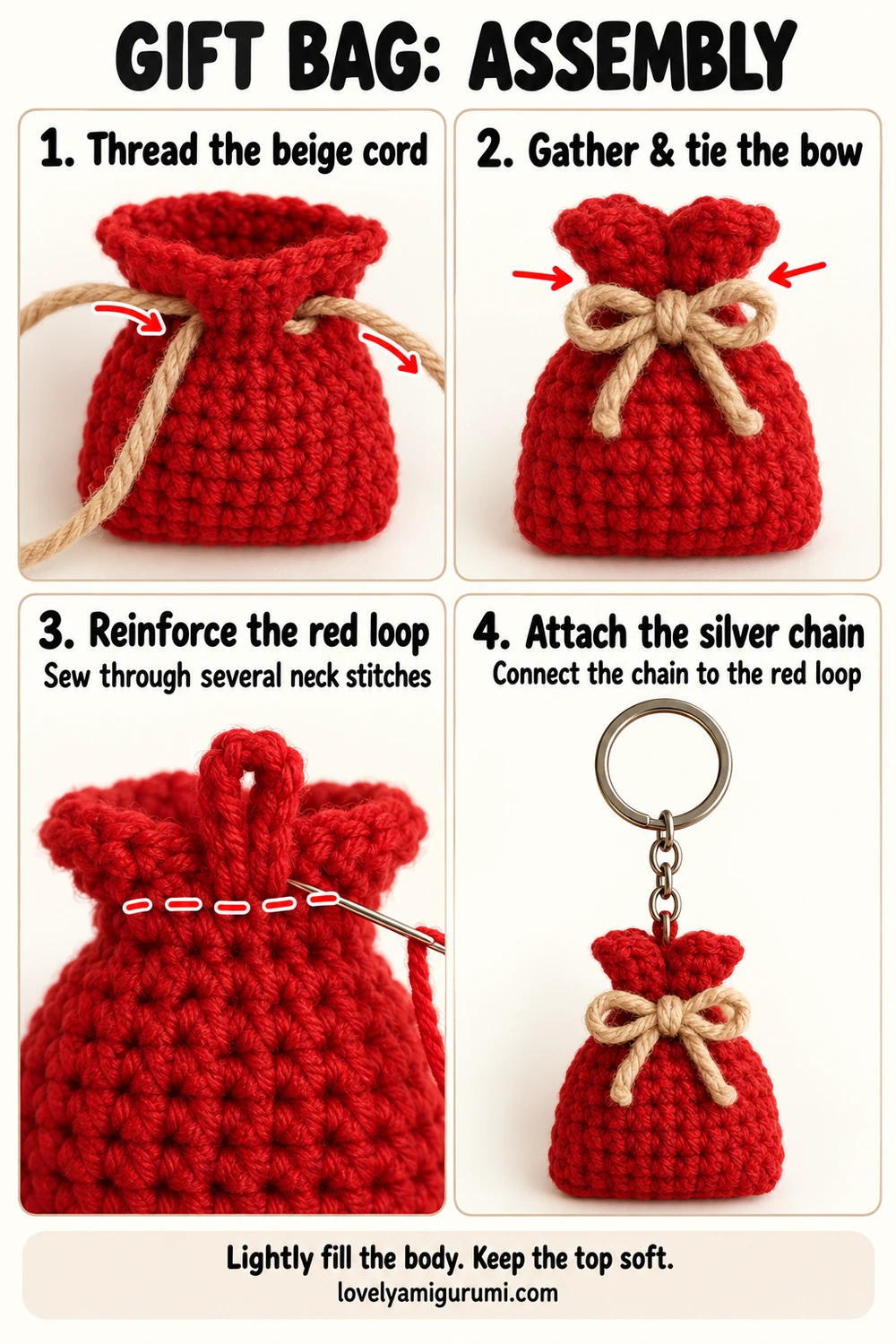Red gift bag crochet photo tutorial showing beige bow, reinforced loop and silver keychain assembly