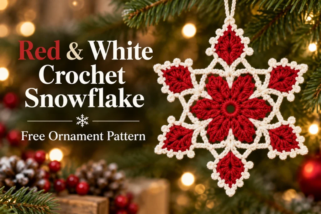 Red and White Snowflake Crochet Pattern — cover showing red petals, ivory arches, and six pointed tips