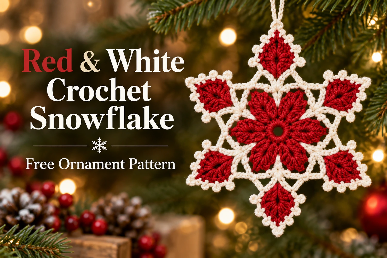 Red and White Snowflake Crochet Pattern — cover showing red petals, ivory arches, and six pointed tips