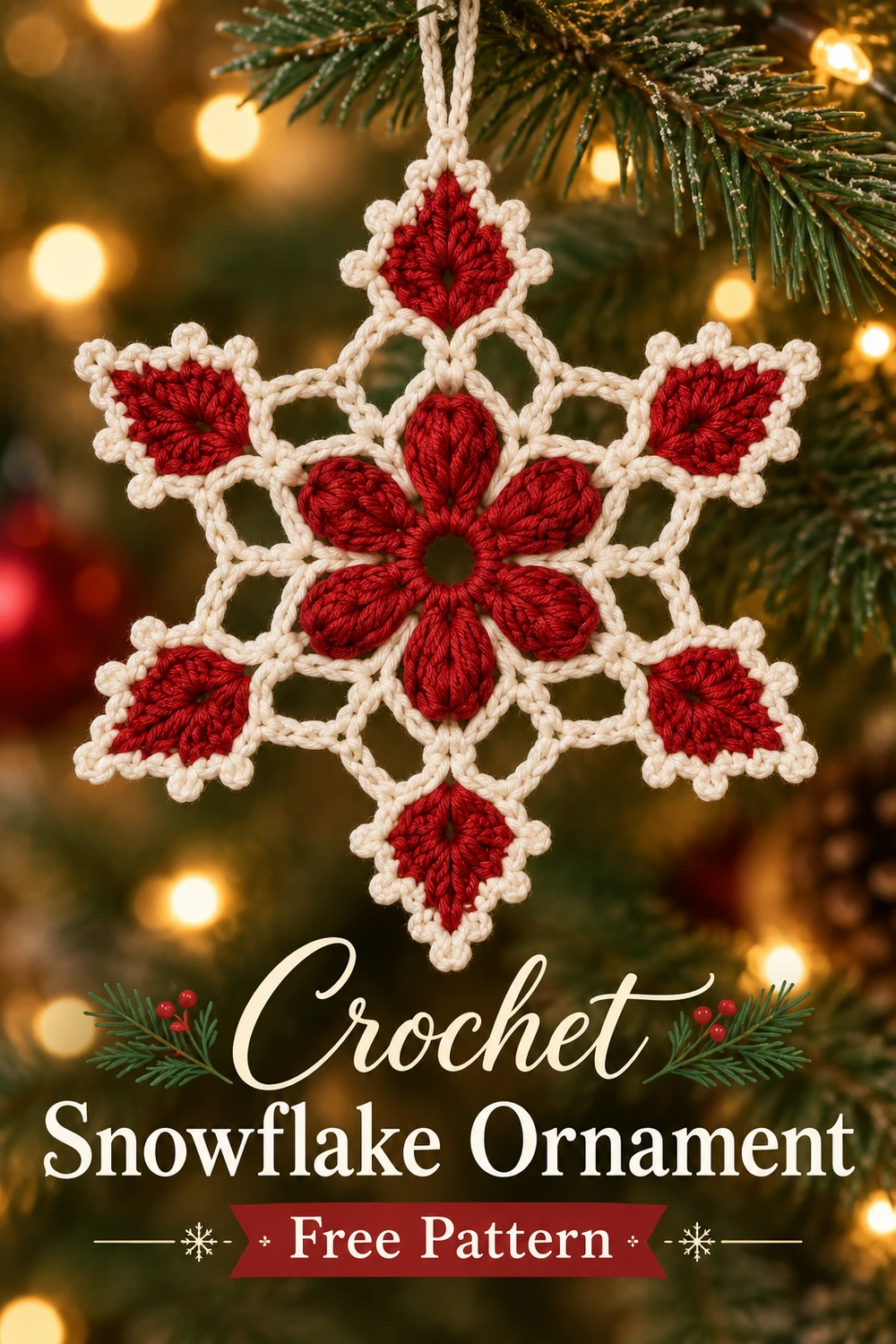 Red and White Snowflake Crochet Pattern — Pinterest red and ivory snowflake hanging on Christmas pine