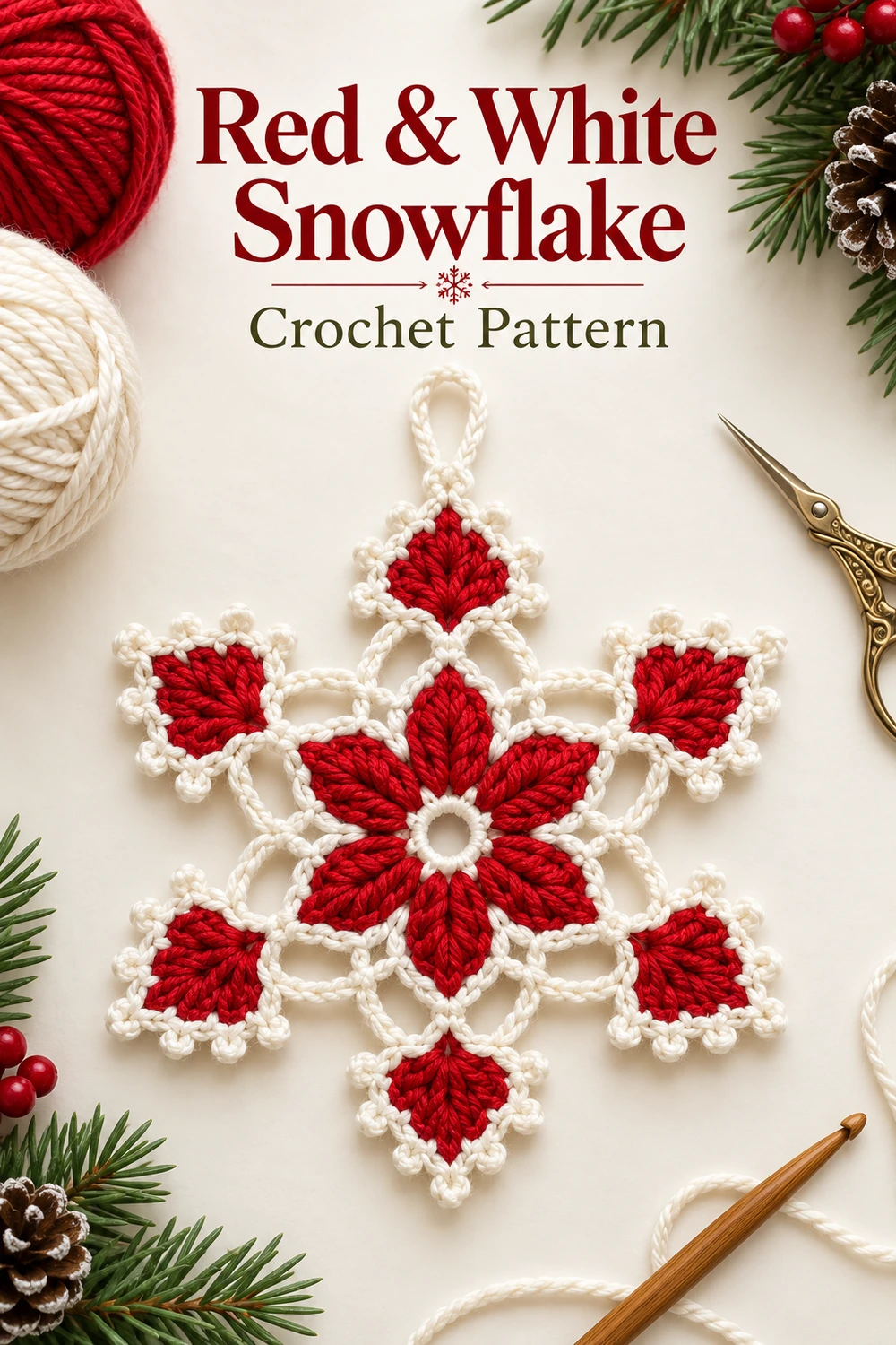 Red and White Snowflake Crochet Pattern — Pinterest red and white lace snowflake on ivory tabletop