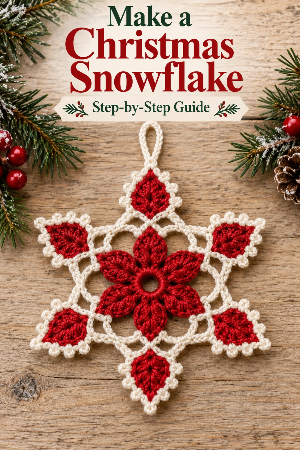 Red and White Snowflake Crochet Pattern — Pinterest Christmas snowflake on rustic wood