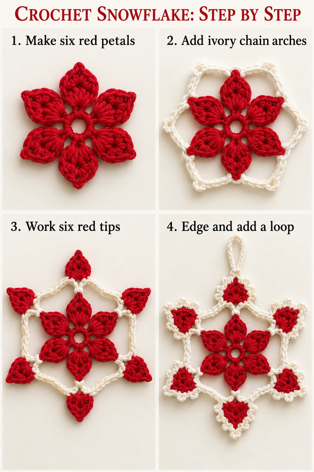 Red and White Snowflake Crochet Pattern — photo tutorial for center petals, chain arches, six red tips, and ivory edging